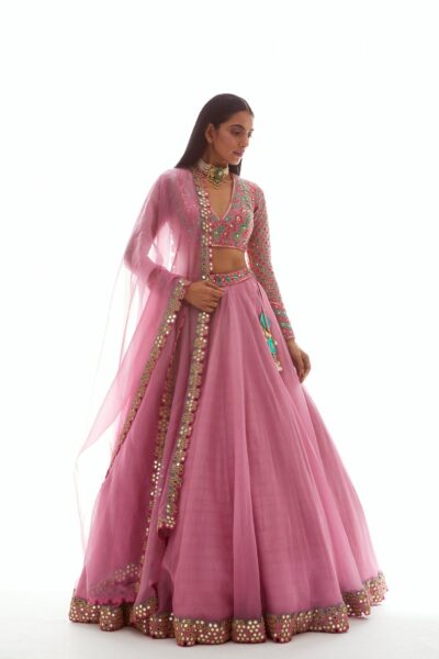 Dull Pink Applique Organza Lehenga Set