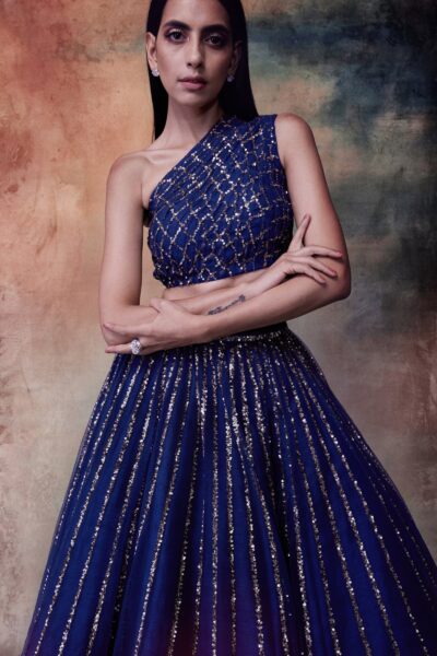 Midnight Blue One Shoulder Crop Top Skirt Set