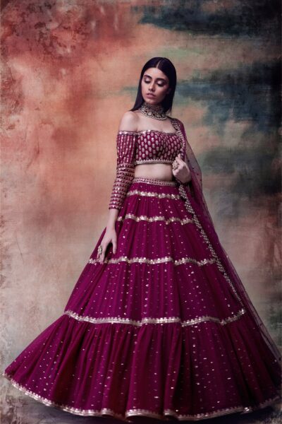 Wine Off Shoulder Tier Lehenga Set
