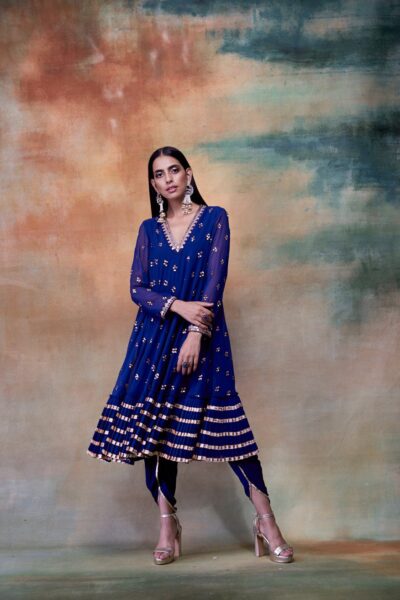 MidNight Blue A-Line Gota Frill Kurta & DhotiI Set