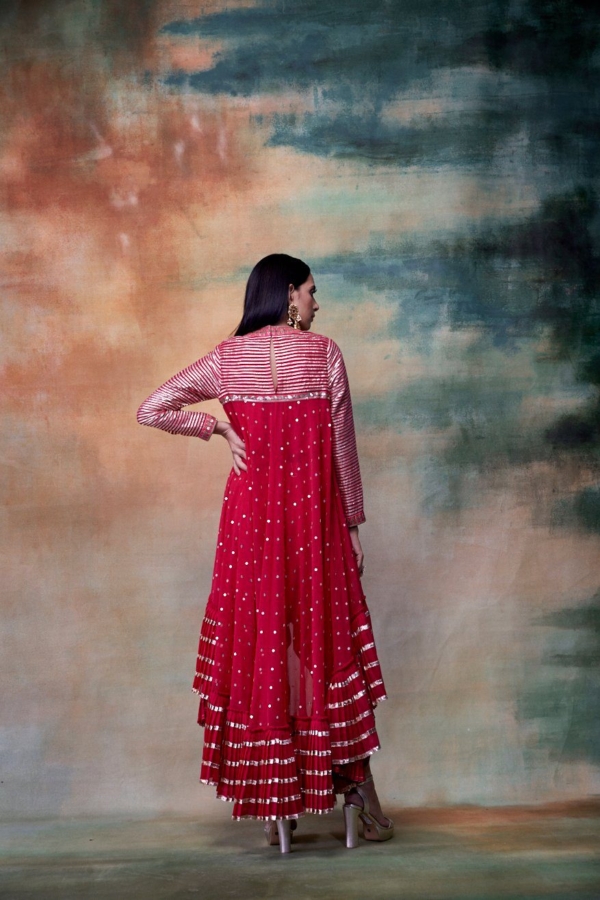 Crimson Red High Low Kurta Dhoti Set