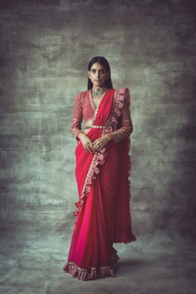 Peacock Pink Frill Saree Set