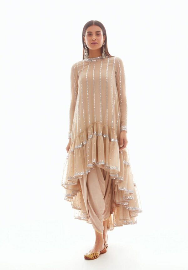 Beige High Low Kurta Set