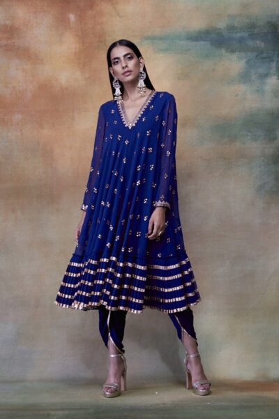 MidNight Blue A-Line Gota Frill Kurta & DhotiI Set