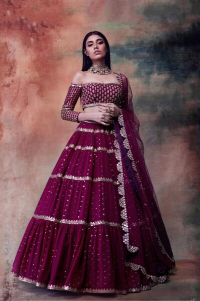 Wine Off Shoulder Tier Lehenga Set