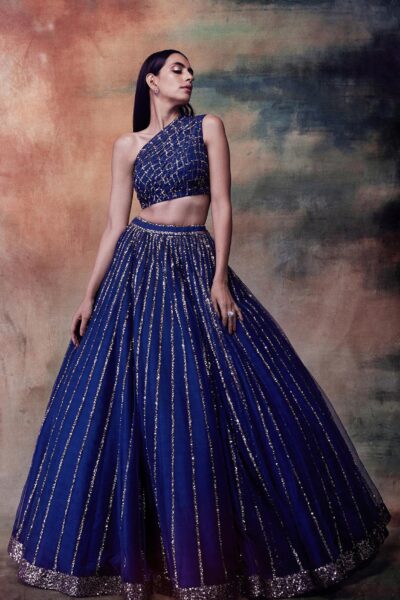 Midnight Blue One Shoulder Crop Top Skirt Set