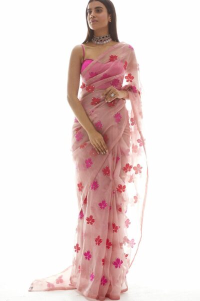 Dusty Rose Applique Organza Saree Set