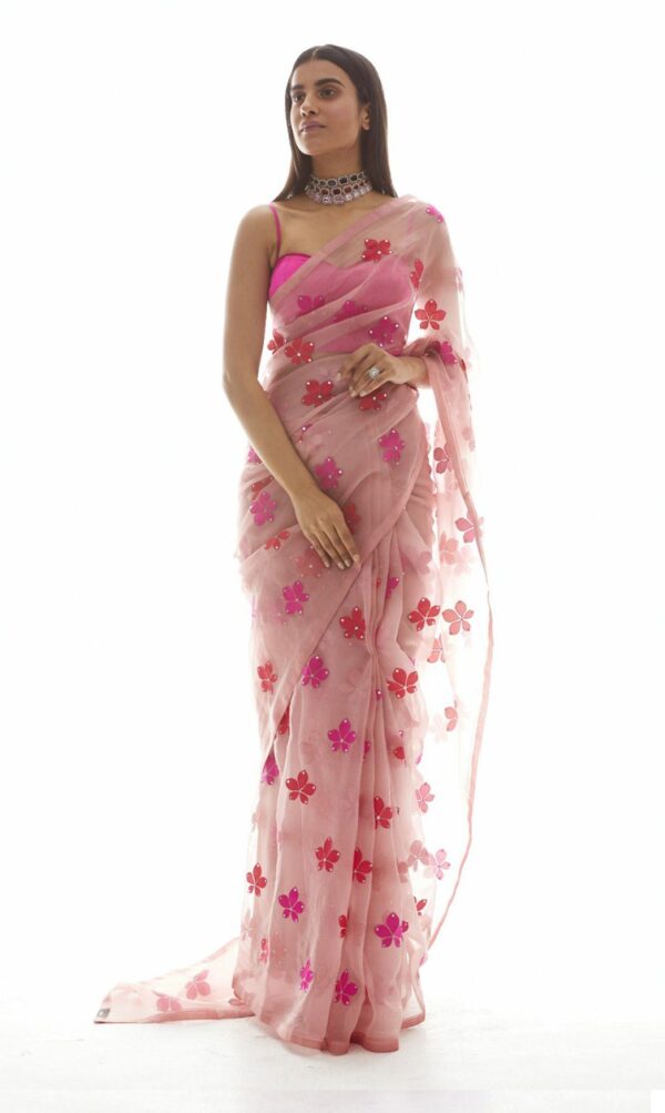 Dusty Rose Applique Organza Saree Set