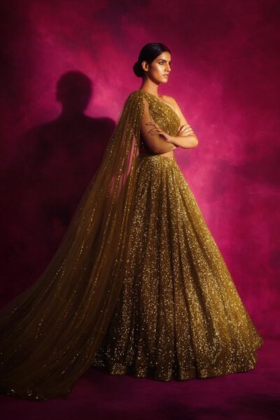 Dull Gold One shoulder Veil Lehenga Set