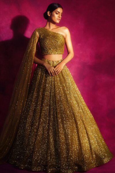 Dull Gold One shoulder Veil Lehenga Set