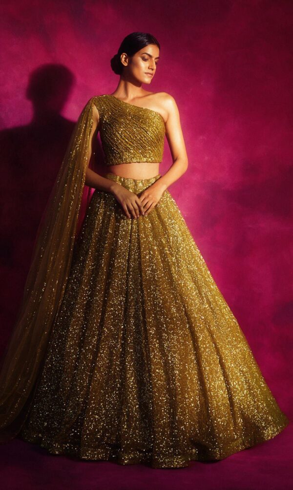 Dull Gold One shoulder Veil Lehenga Set
