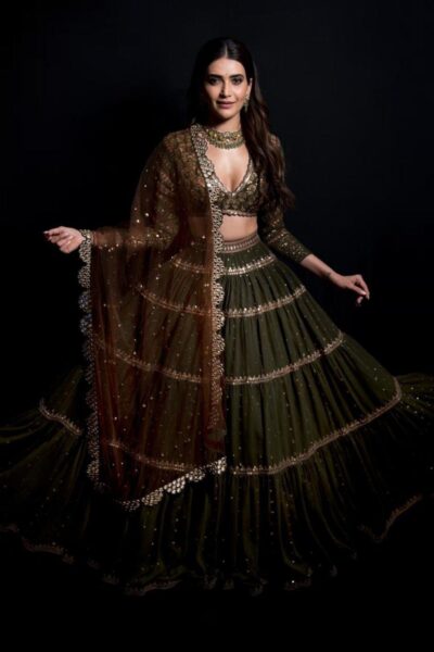 Olive Green Tier Lehenga Set