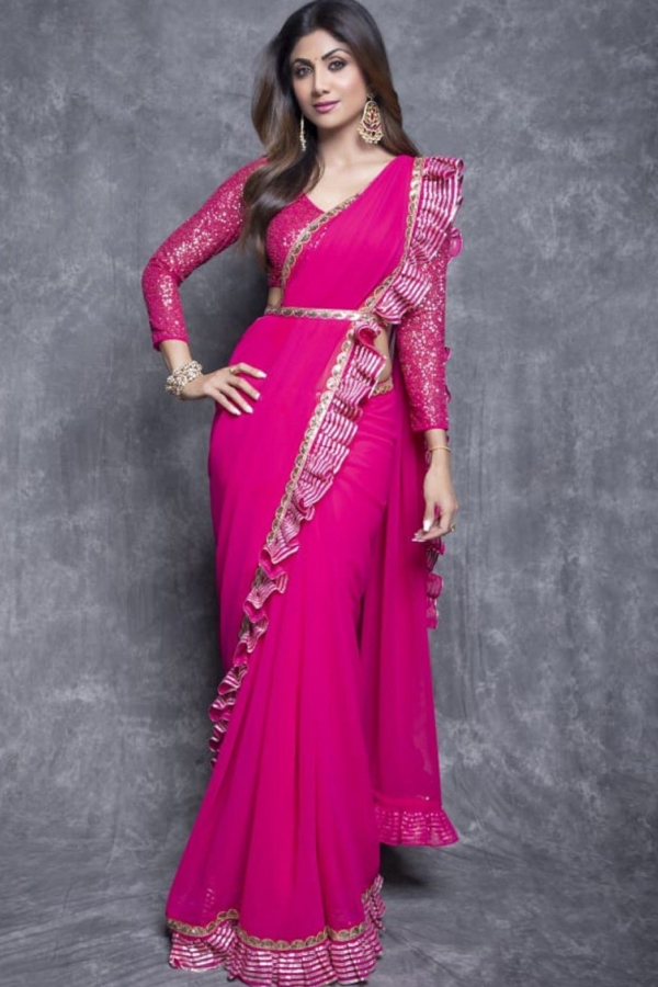SHILPA SHETTY In Fuschia Pink Ruffle saree set