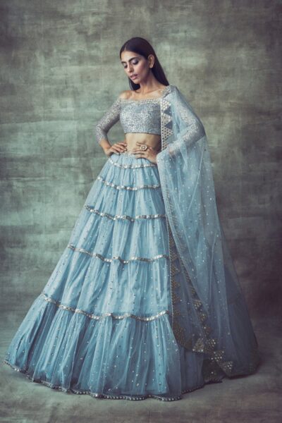 Ice Blue Off Shoulder Tier Lehenga Set