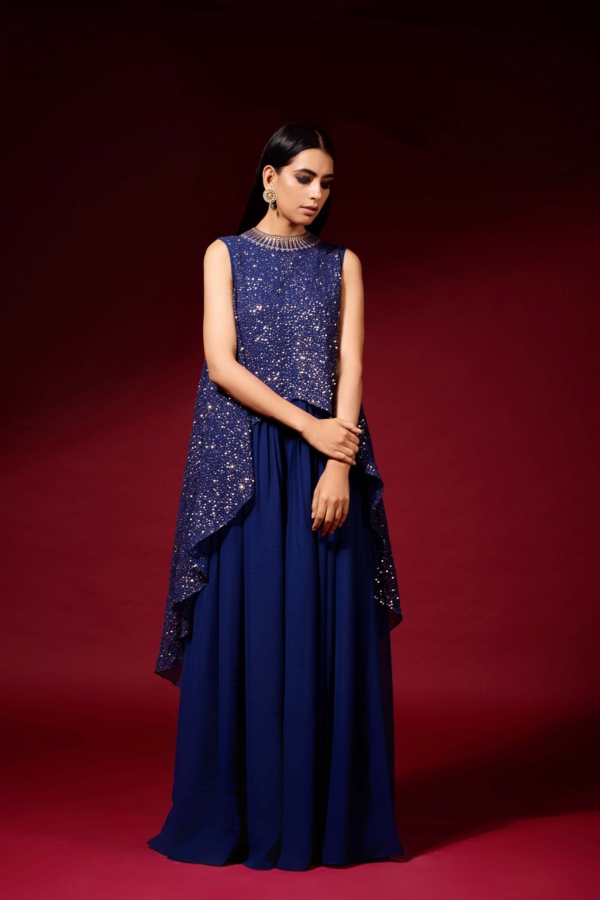 Midnight blue sequined cape set