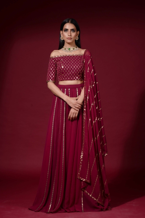 Wine Off Shoulder Blouse Lehenga Pants Set