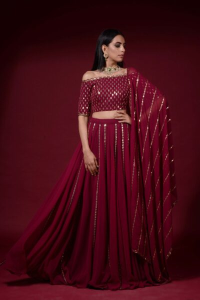 Wine Off Shoulder Blouse Lehenga Pants Set