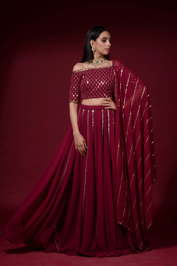 Wine Off Shoulder Blouse Lehenga Pants Set