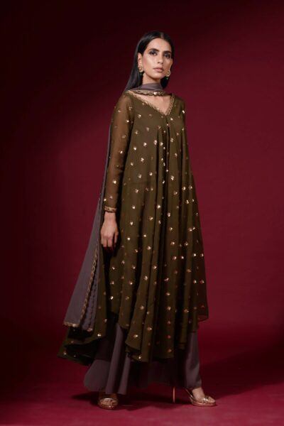 Olive Green Asymmetrical Kurta Plazzo Set