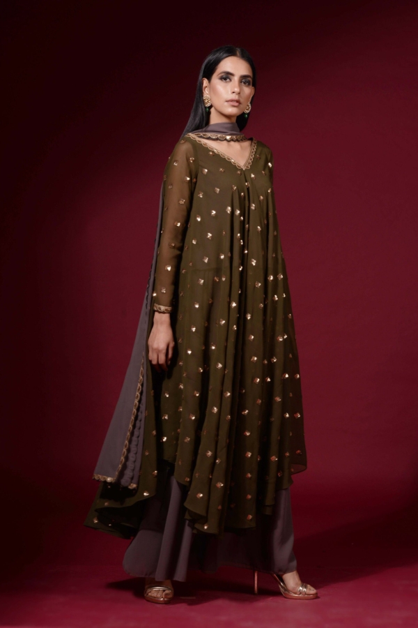 Olive Green Asymmetrical Kurta Plazzo Set