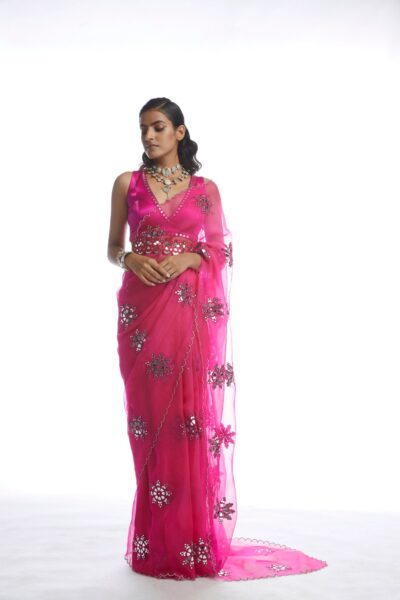 Peacock Pink Mirror Cut-work Saree