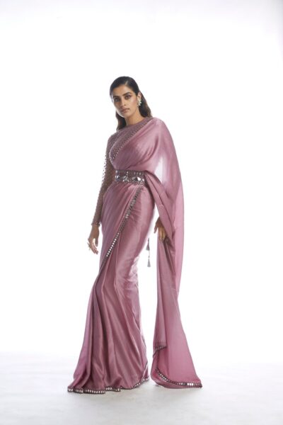 Old Rose Satin Chiffon Saree with Belt