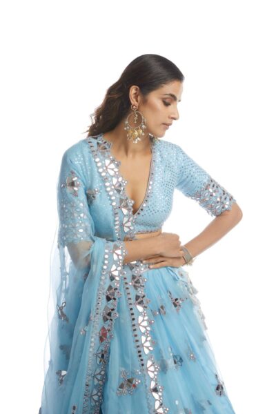 Ice Blue Knife Pleated Mirror Lehanga