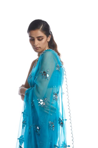 Turquoise Blue Mirror Cut Work  Saree
