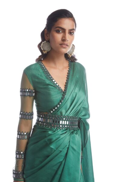Sage Green Satin Chiffon Saree