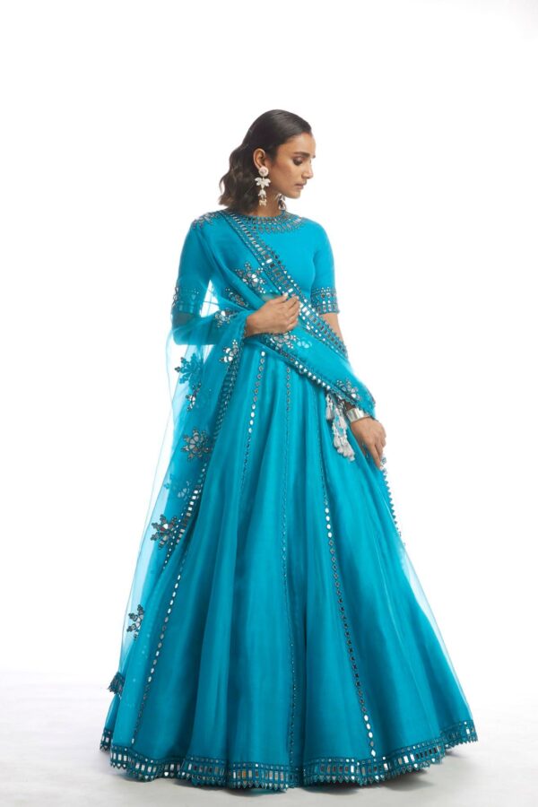 Turquoise Blue Mirror Cut Work Lehanga Set