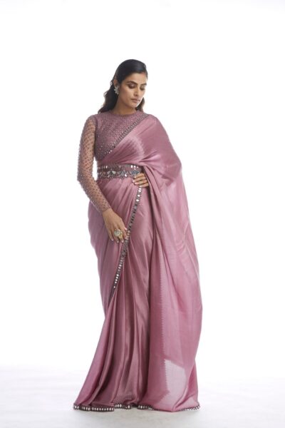 Old Rose Satin Chiffon Saree with Belt