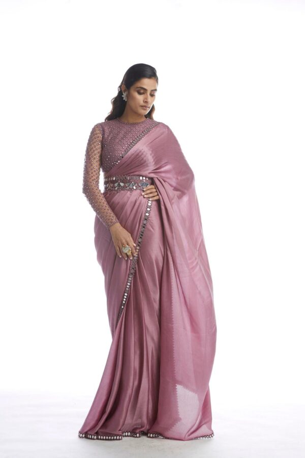 Old Rose Satin Chiffon Saree with Belt
