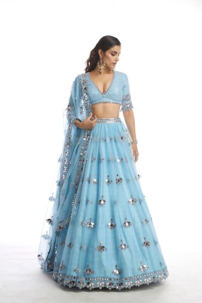 Ice Blue Knife Pleated Mirror Lehanga