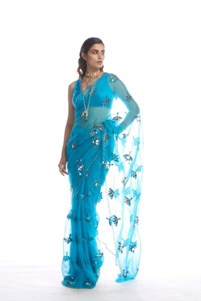 Turquoise Blue Mirror Cut Work  Saree