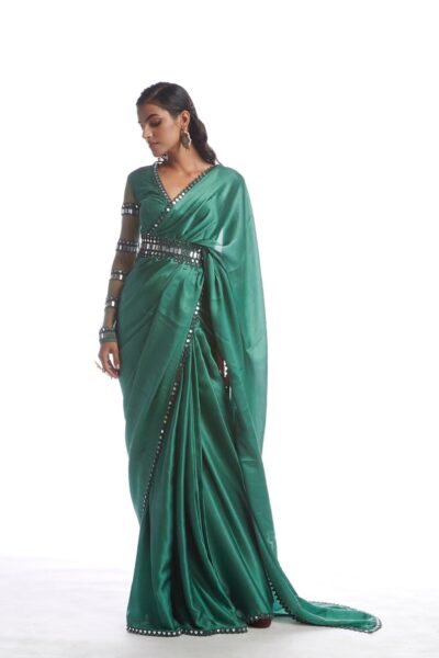 Sage Green Satin Chiffon Saree