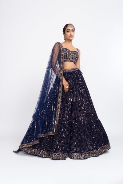 Navy Blue Dense Dot Corset Lehenga Set