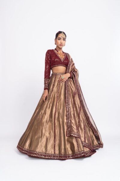 Mahroon And Copper Tissue Lehenga Set