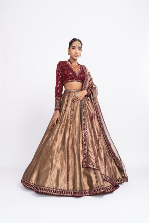 Mahroon And Copper Tissue Lehenga Set