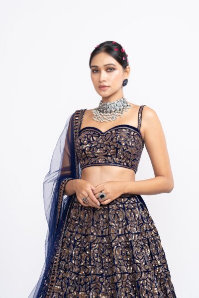 Navy Blue Fully Embroidered Corset Lehenga Set