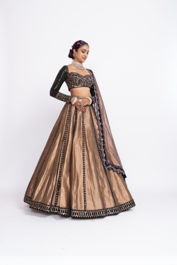 Deep Green Copper Tissue Lehenga Set