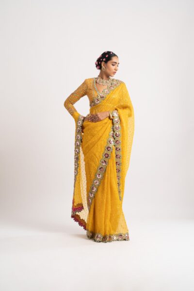 Yellow Hand Cut Mirror Border Saree Set