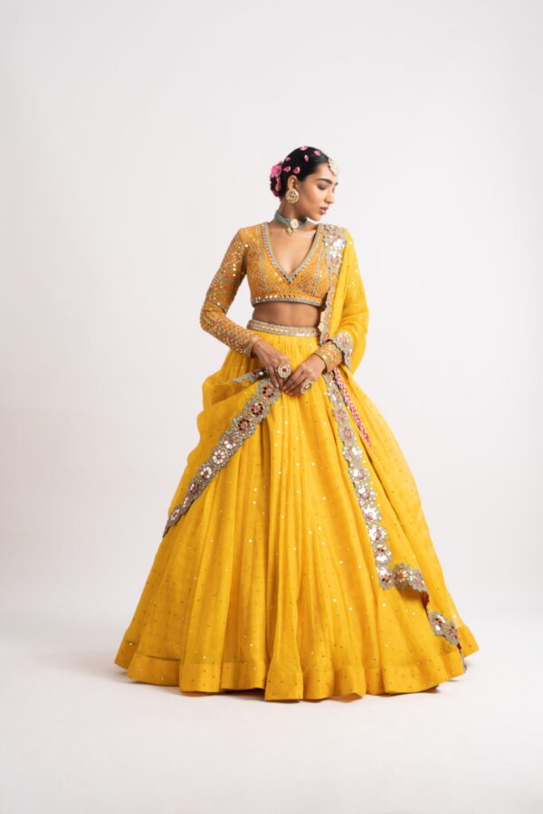 Yellow Silk Organza Lehenga Set