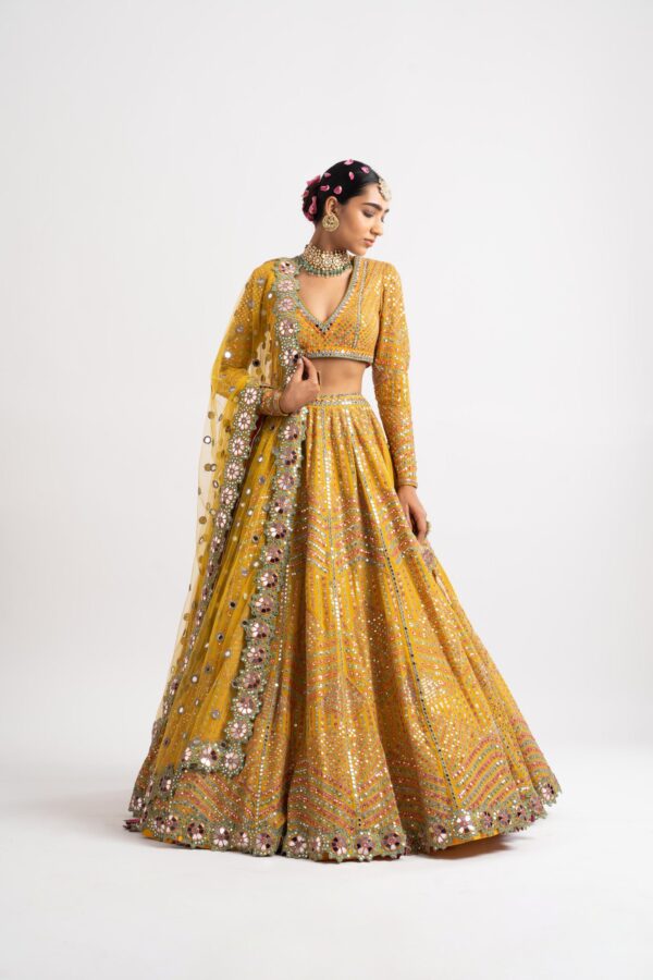 Yellow V Neck Heavy Multi Color Lehenga Set