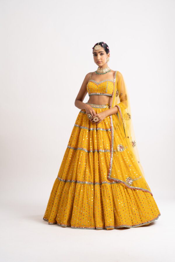 Yellow Noodle Strap Multi Tier Lehenga Set