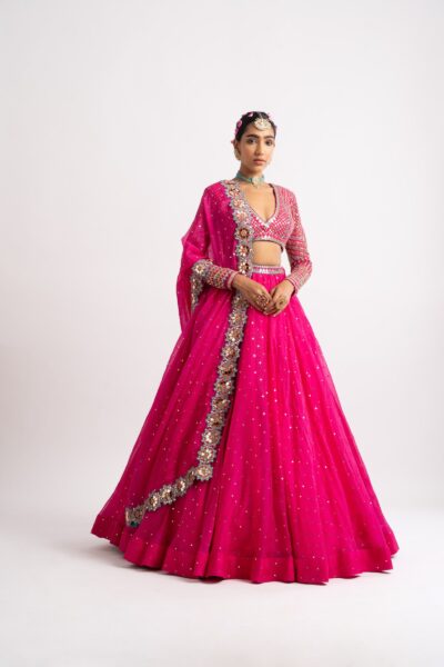Fuschia Silk Organza Lehenga Set