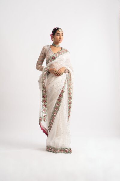 White Hand Cut Mirror Border Saree Set