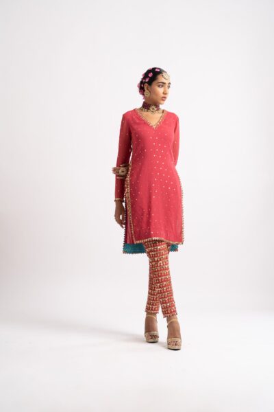 Deep Coral V Neck Heavy Pant Kurta Set
