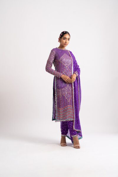 Purple Multi Embroidery Round Neck Kurta Set