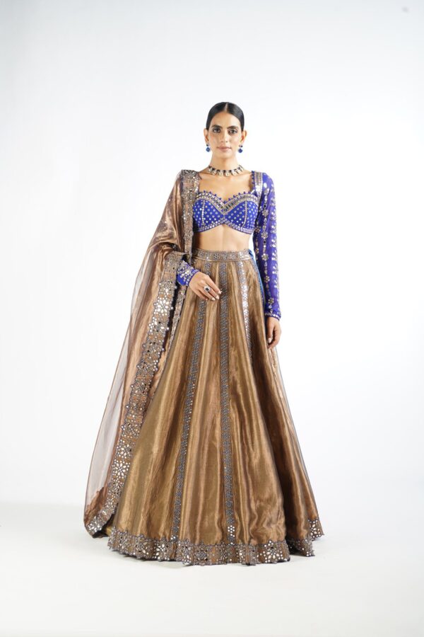 Royal Blue And Copper Shimmer Organza Lehenga Set