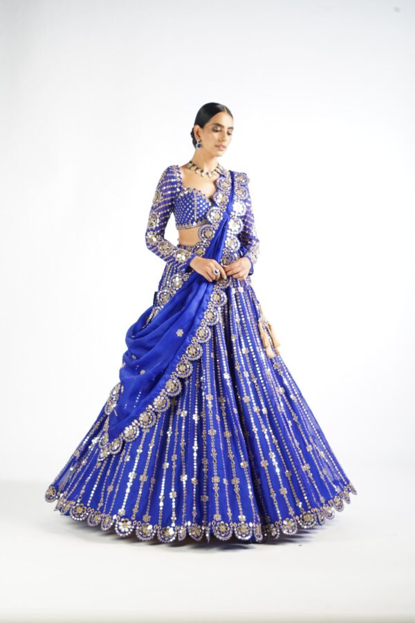 Royal Blue Small Flower Linear Lehenga Set